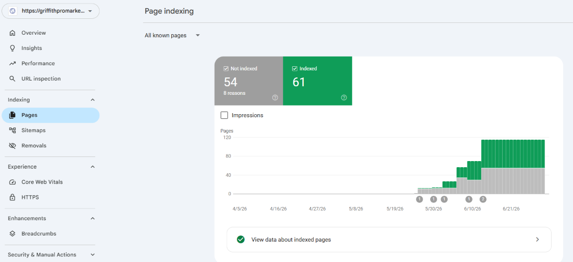 Google Search Console page indexing overview showing 61 indexed pages and 54 not indexed