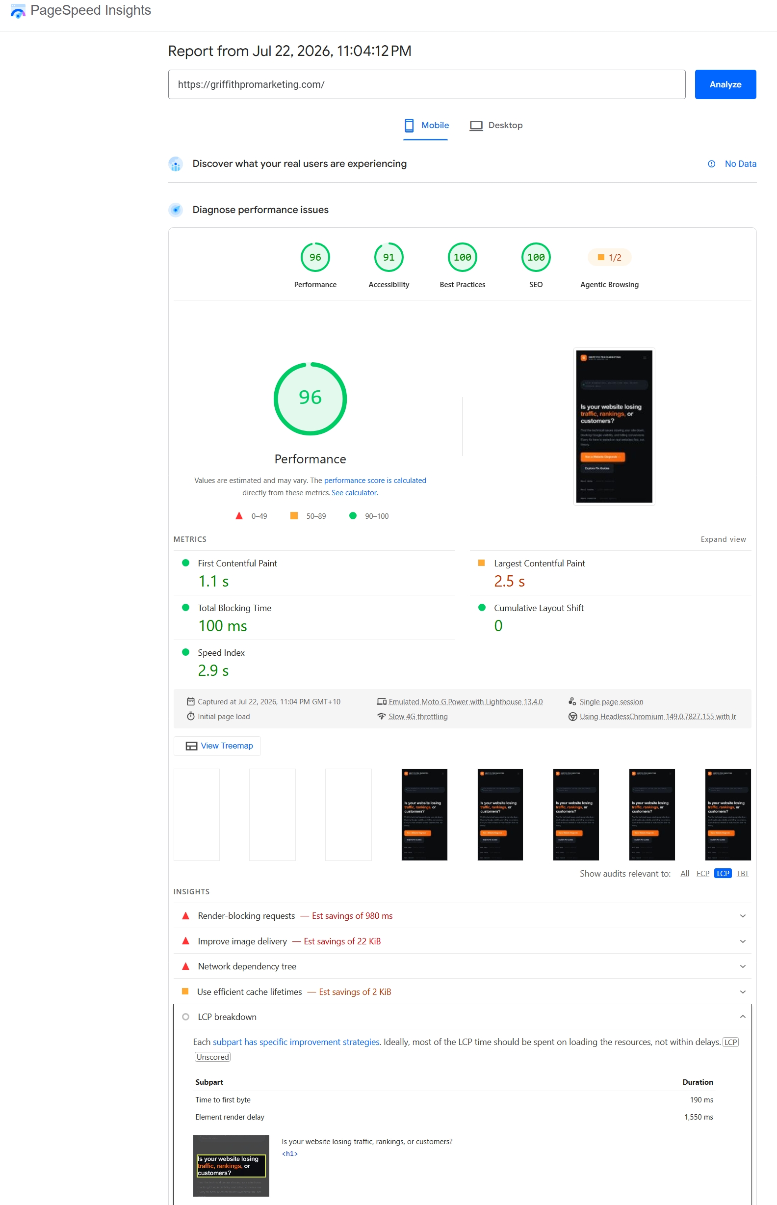PageSpeed LCP breakdown showing 190ms TTFB and 1,550ms render delay on mobile