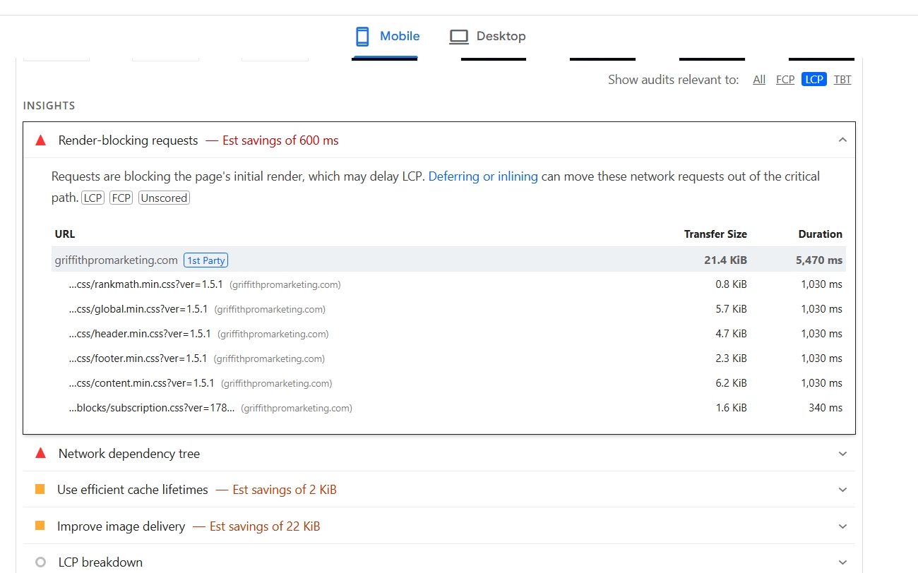 Render-blocking CSS files flagged in PageSpeed Insights for griffithpromarketing.com, mobile