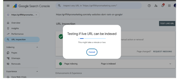 Google Search Console URL Inspection tool showing the testing if live URL can be indexed loading state for the pillar page
