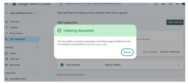 Google Search Console confirming the indexing request was added to a priority crawl queue