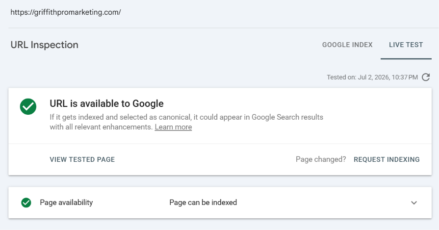 Google Search Console URL Inspection Live Test showing the homepage is available to Google and can be indexed