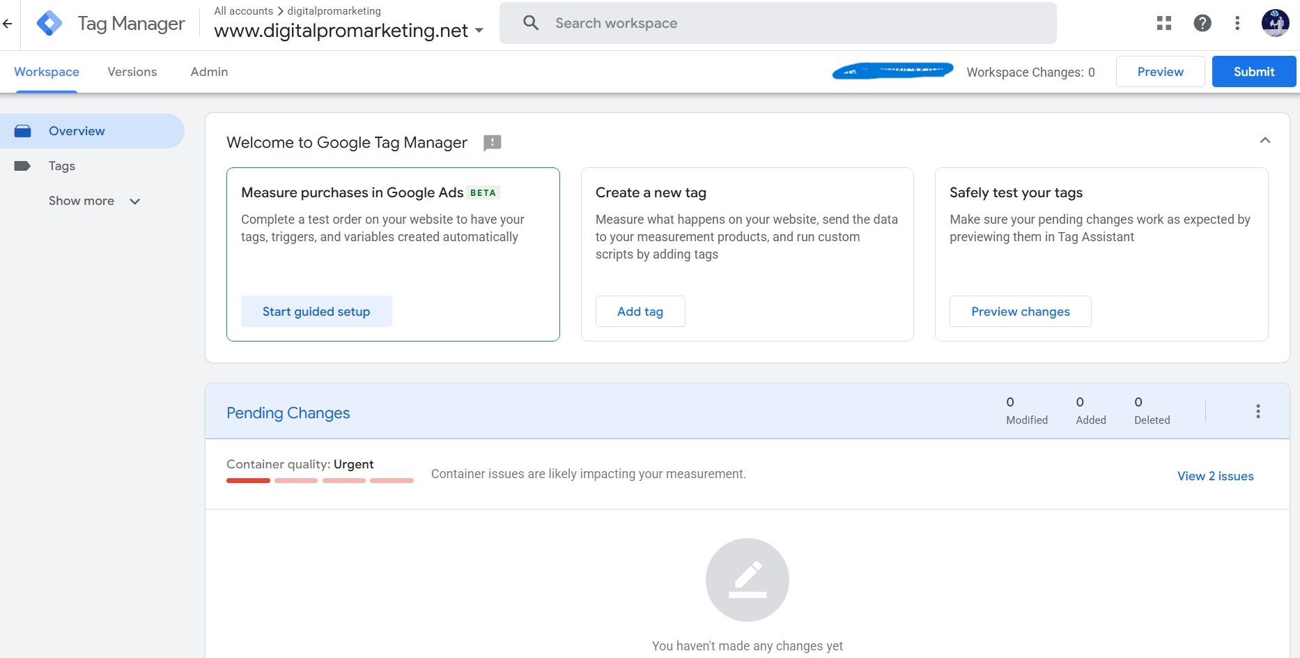 Tag Manager overview screen showing Container quality Urgent with 2 issues