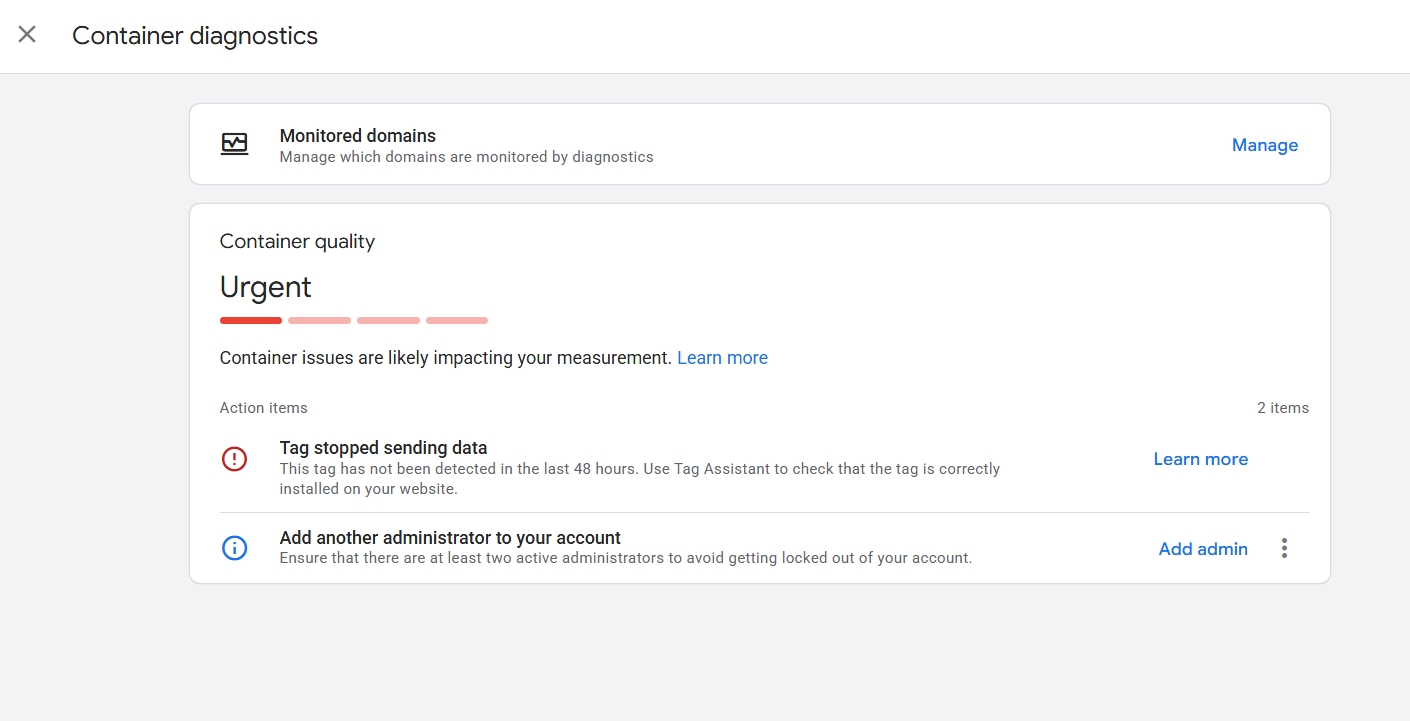 Container diagnostics panel showing a red Urgent rating and a tag stopped sending data warning