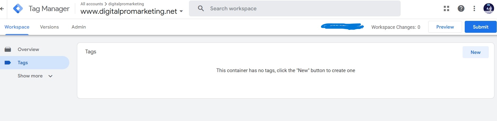 Tags section showing this container has no tags