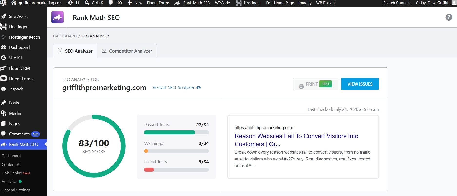 Rank Math SEO Analyzer showing 83/100 score for griffithpromarketing.com, with 2 warnings and 5 failed tests out of 34