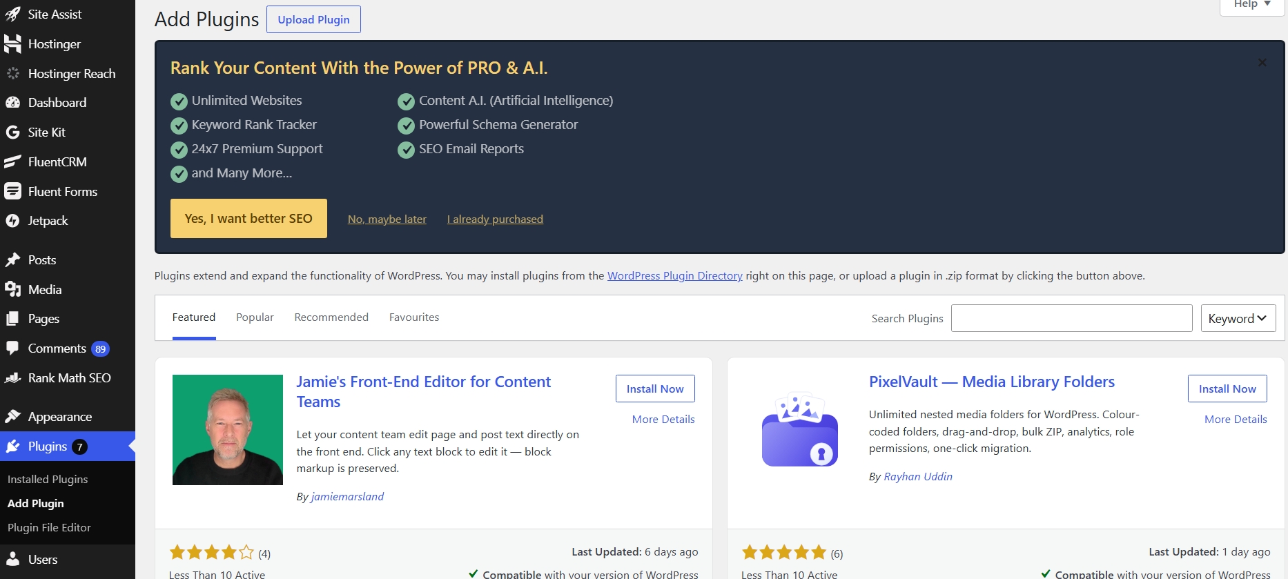 Add Plugins screen with the Upload Plugin button