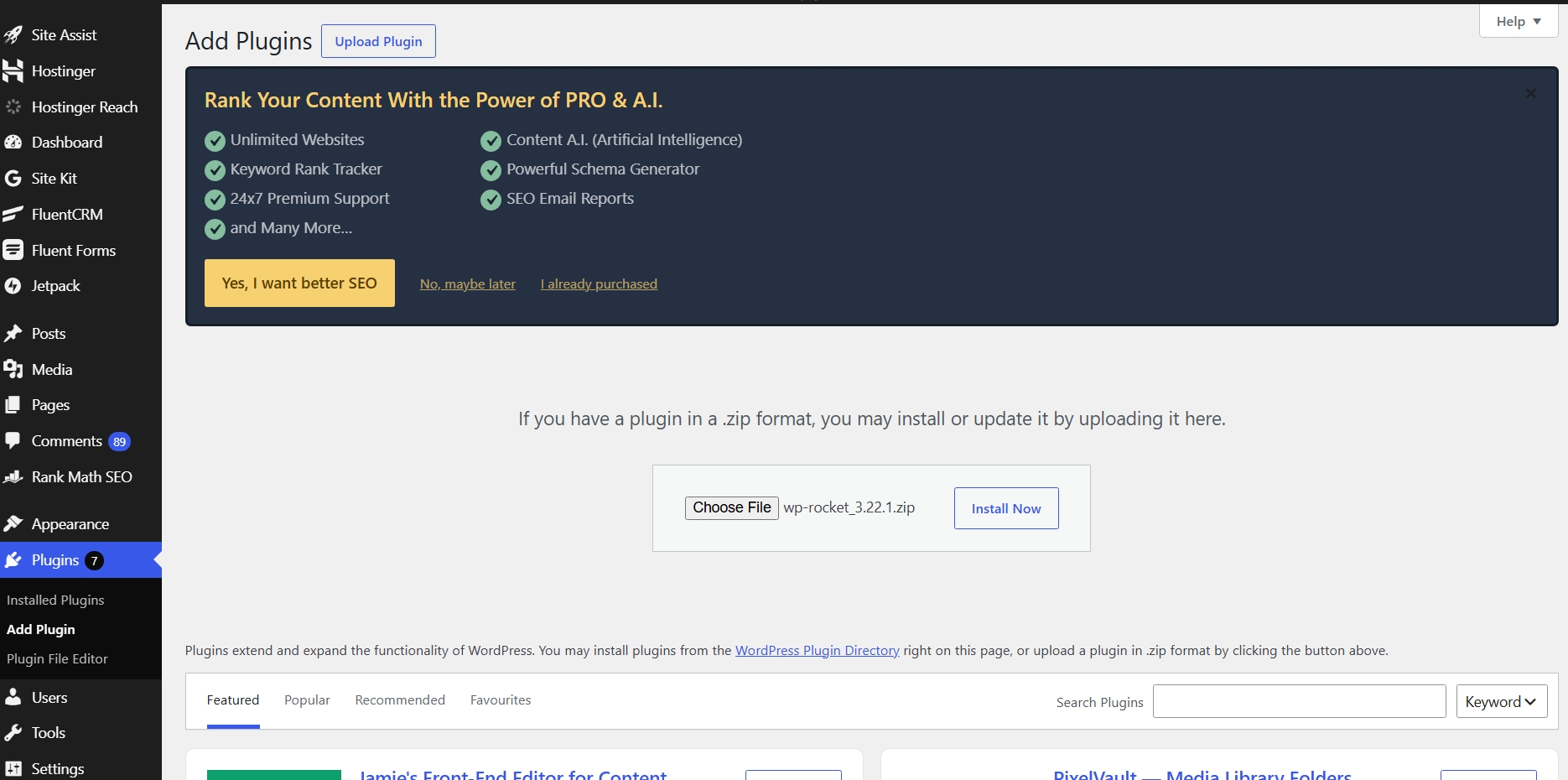 WP Rocket zip file selected and ready to install