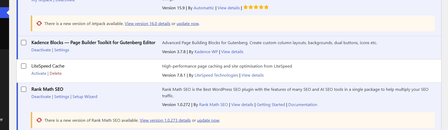 Installed plugins list showing LiteSpeed Cache now deactivated
