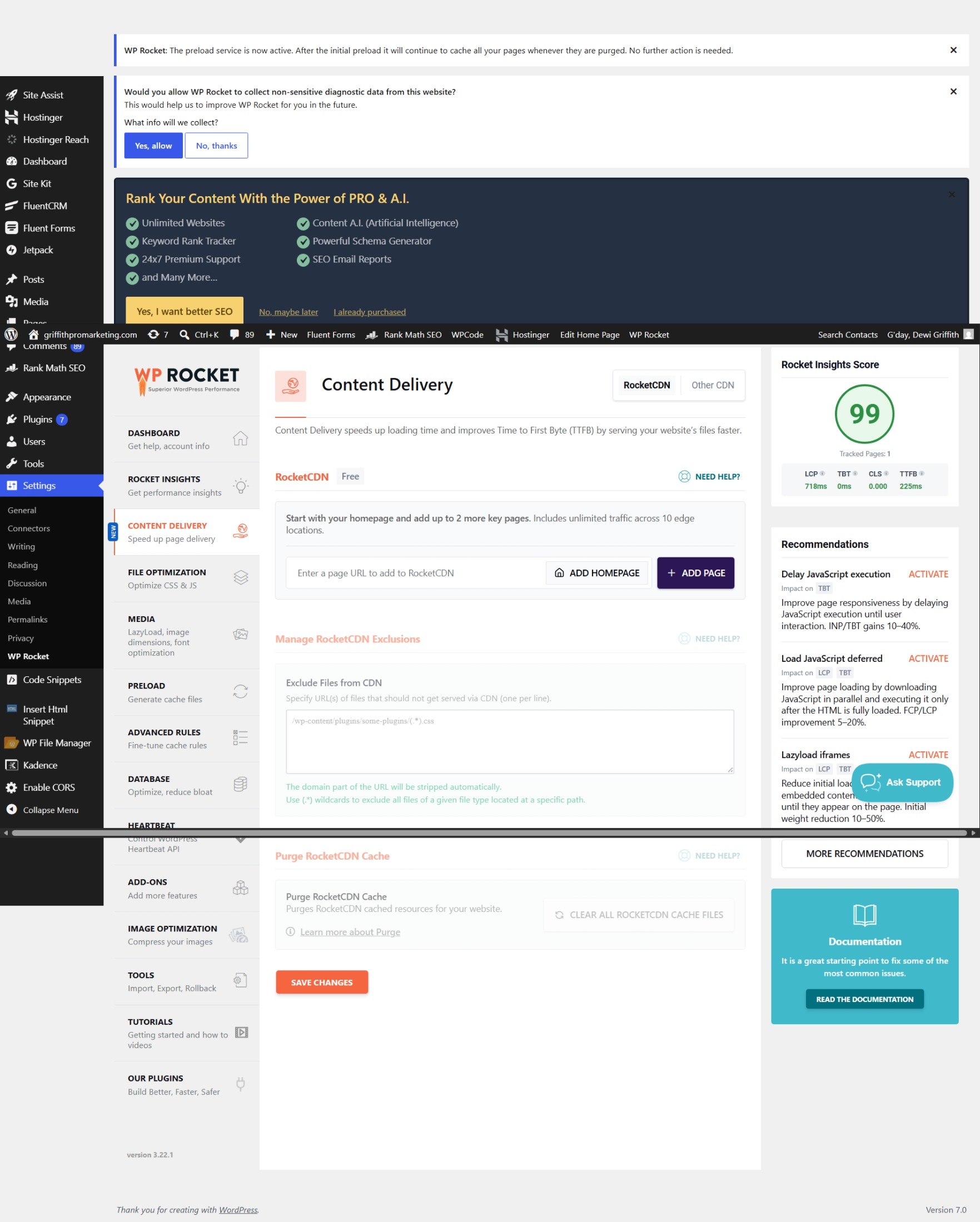 WP Rocket's Content Delivery panel with the score and recommendations