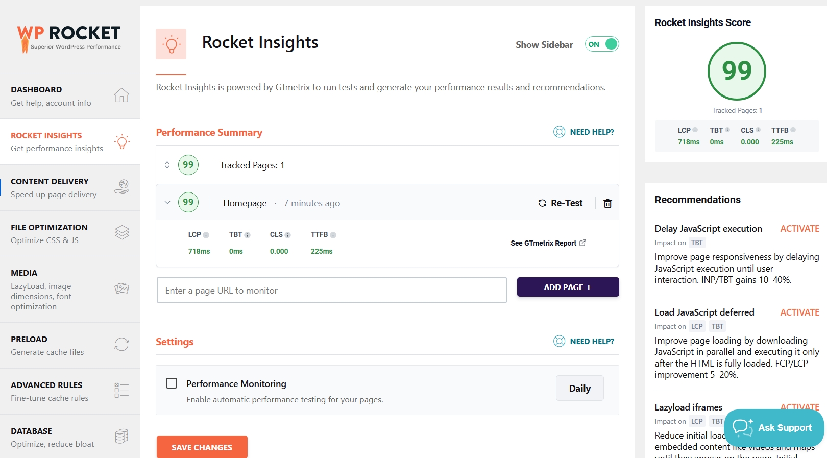 Rocket Insights dashboard showing the 99 score and 718ms LCP
