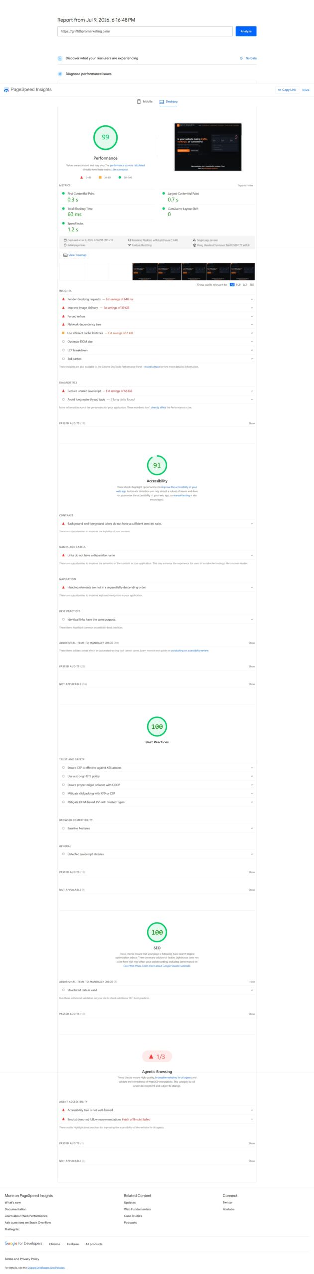 PageSpeed Insights desktop report showing a performance score of 99, LCP 0.7s
