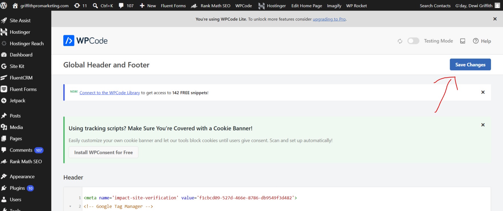 WPCode Save Changes button