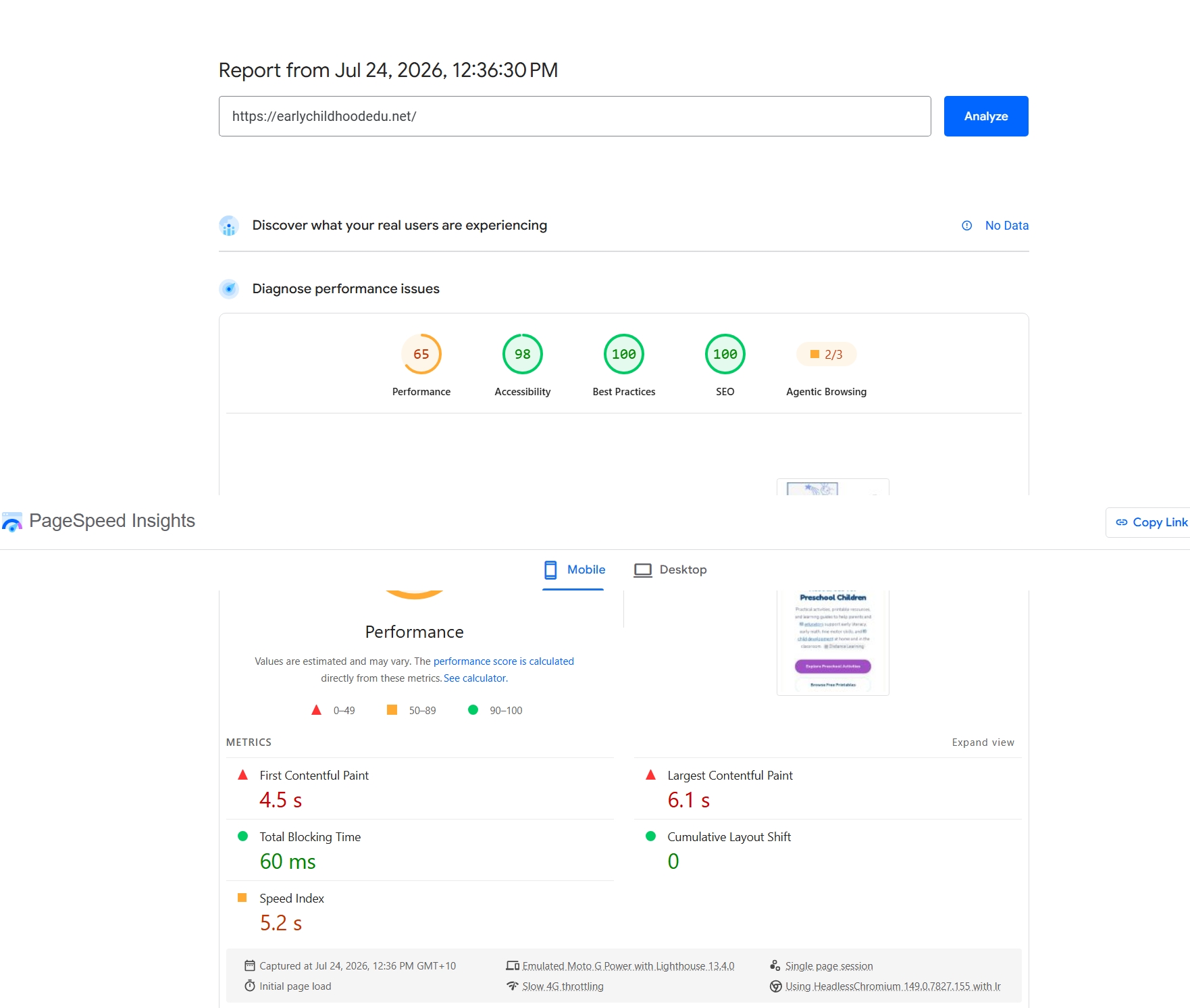 PageSpeed Insights results for earlychildhoodedu.net showing the mobile-desktop performance gap