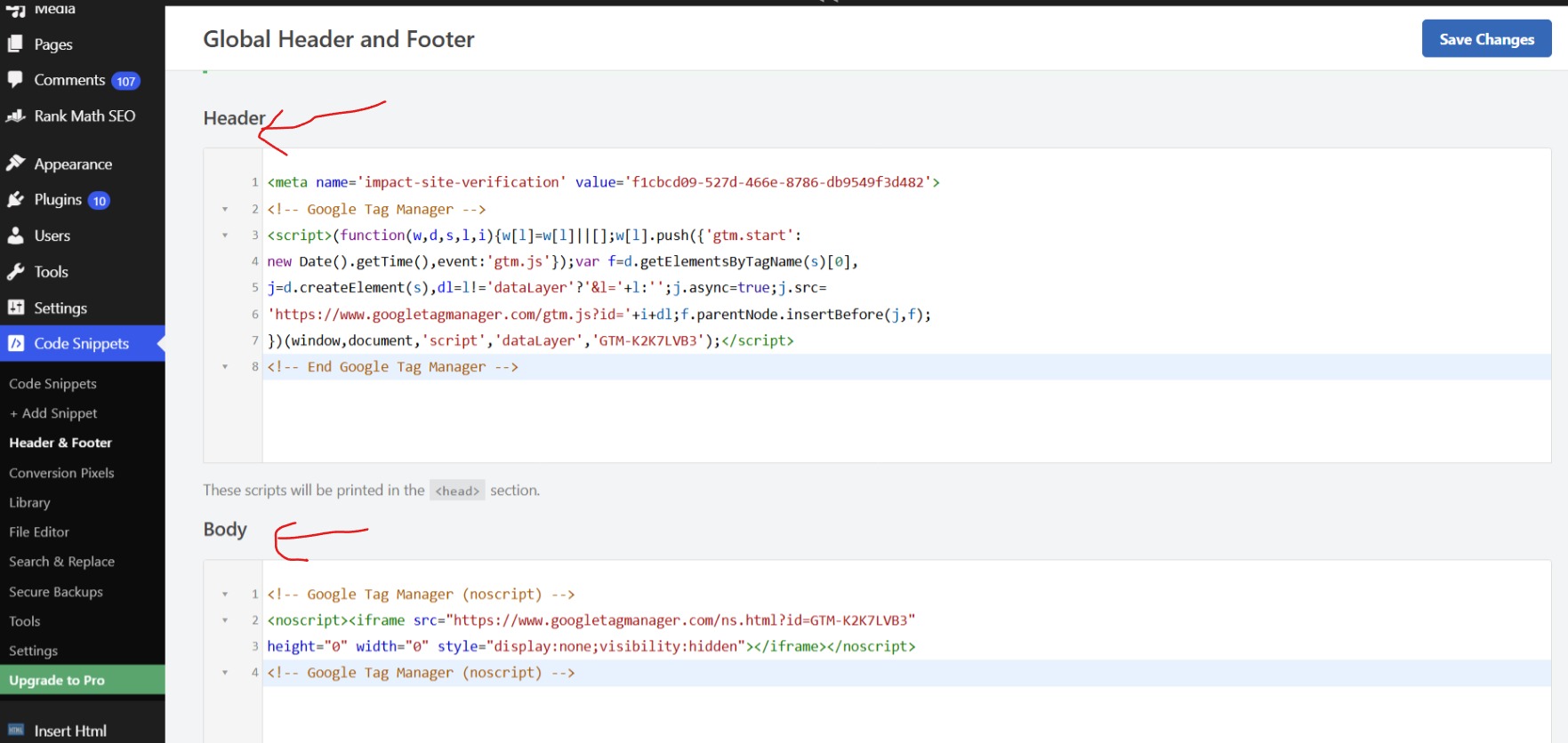 WPCode Header and Body boxes both filled in with the Tag Manager snippets