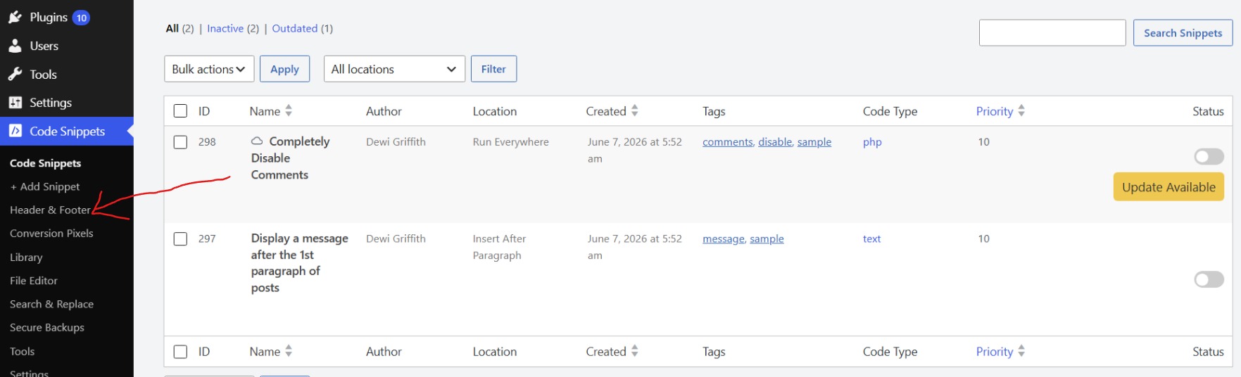 WPCode sidebar showing the Header and Footer submenu item