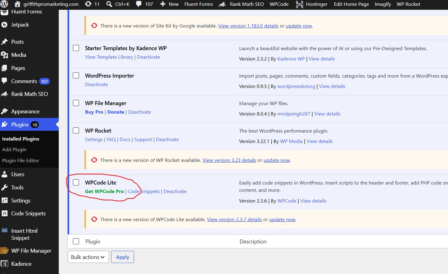 WordPress installed plugins list showing WPCode