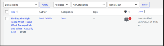 Quick edit panel showing the Finding the Right Tools post sitting in draft status