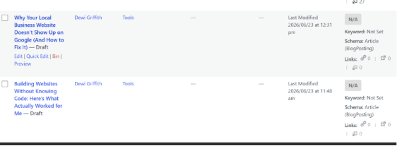 Draft posts list showing a local business website post and a building websites without code post