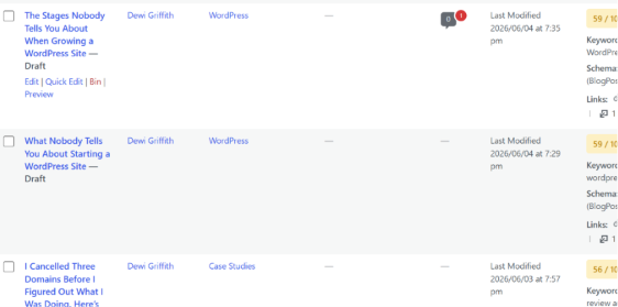 Draft posts list showing further posts about starting a WordPress site and cancelling three domains