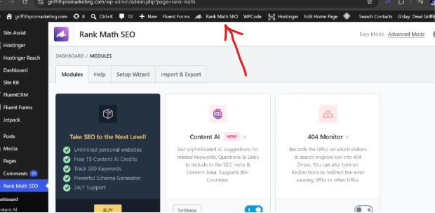 Rank Math SEO menu highlighted in the WordPress admin sidebar