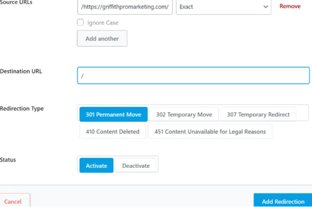 The Add Redirection form with source, destination, and redirect type fields
