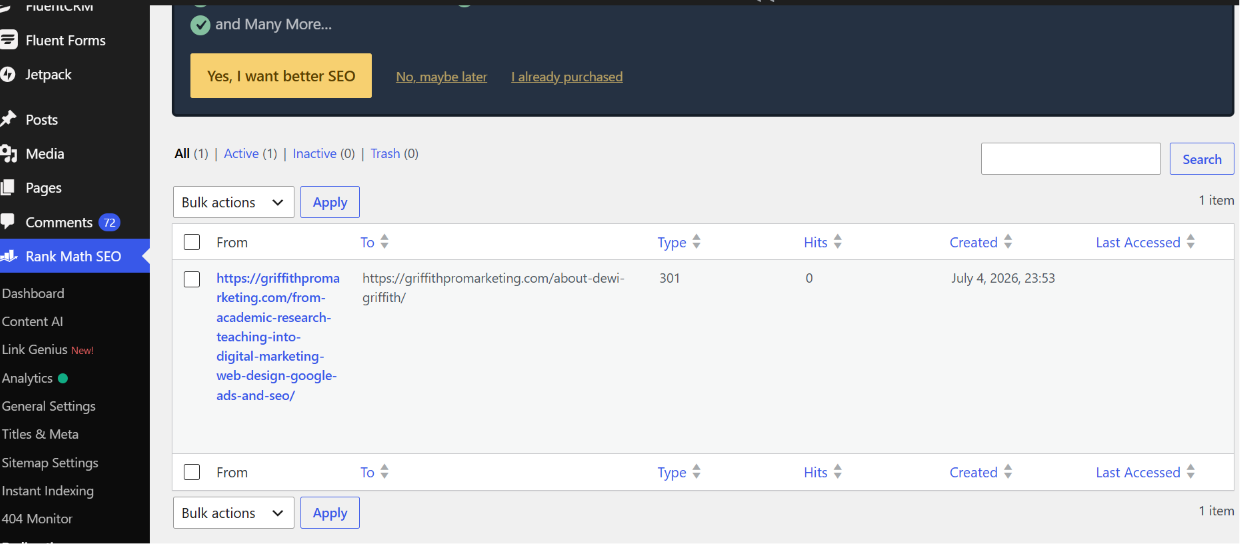 The saved redirect showing the broken URL now pointing to the correct About page