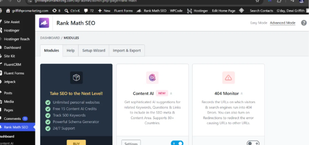 Rank Math SEO modules dashboard with the 404 Monitor module visible