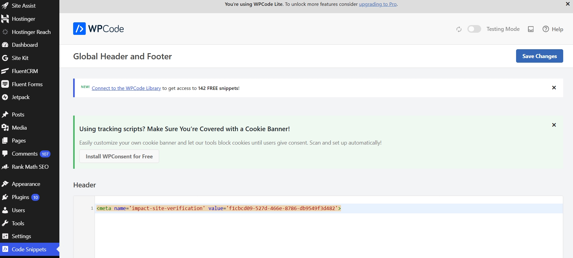 WPCode Header box showing an existing Impact verification meta tag