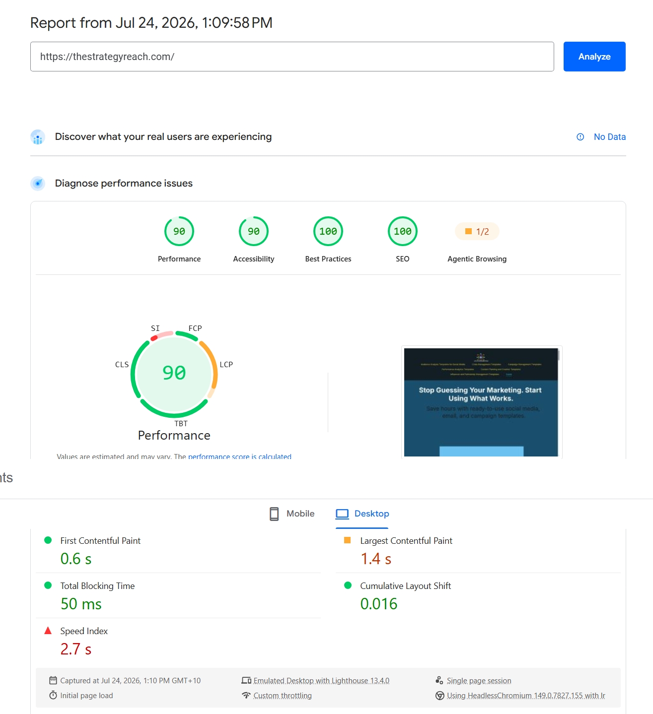 PageSpeed Insights desktop results for thestrategyreach.com showing 90 performance and 1.4 second LCP