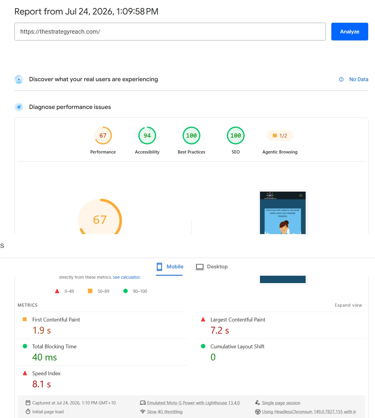 PageSpeed Insights mobile results for thestrategyreach.com showing 67 performance and 7.2 second LCP