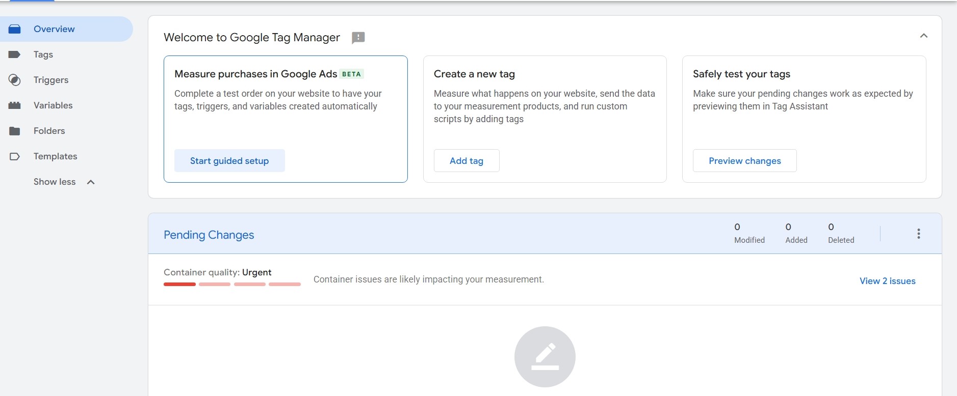 Tag Manager container diagnostics showing Container quality: Urgent