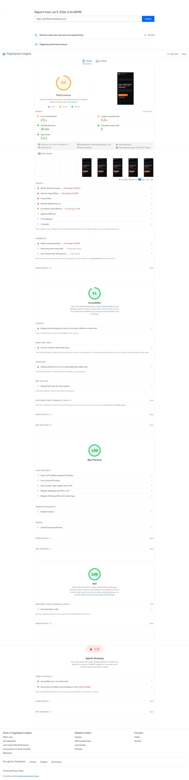 PageSpeed Insights mobile report showing a performance score of 88, LCP 3.4s