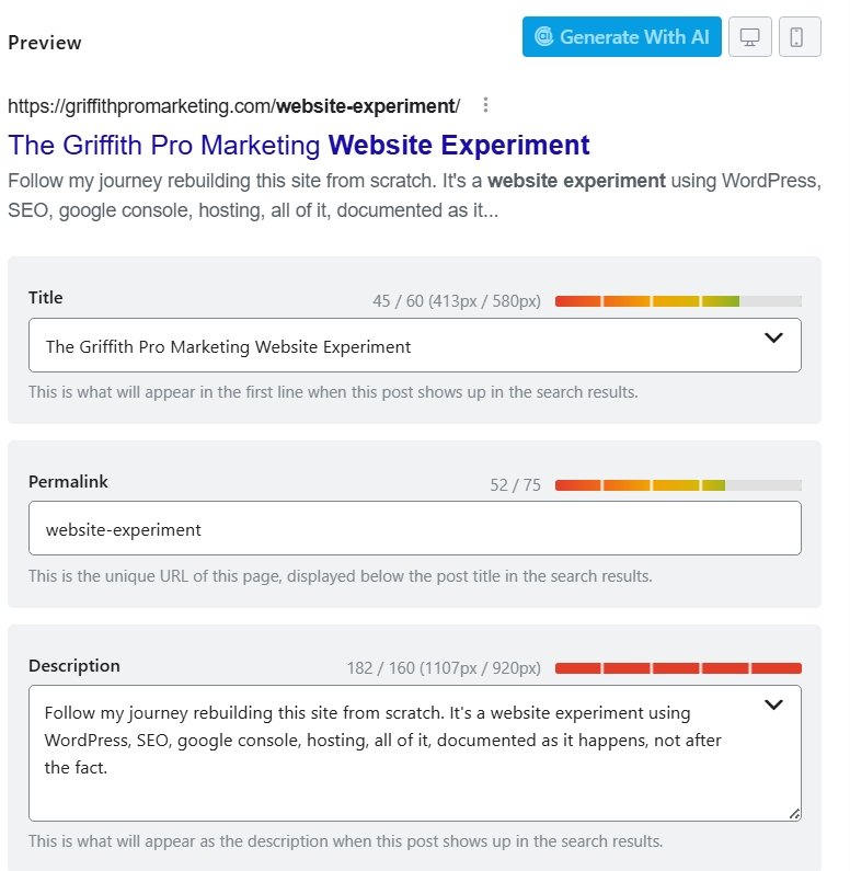 Rank Math SEO preview showing the old SEO title before the change, scoring 65 out of 100