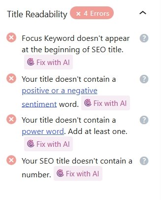 Rank Math title readability panel showing four errors before the SEO title change