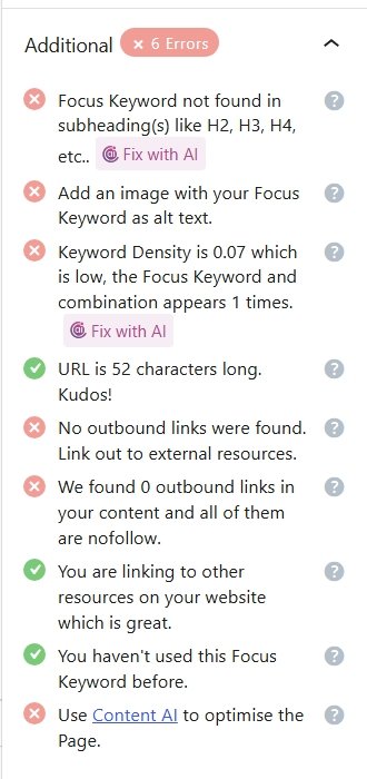 Rank Math additional SEO checks panel showing six errors at 65 out of 100