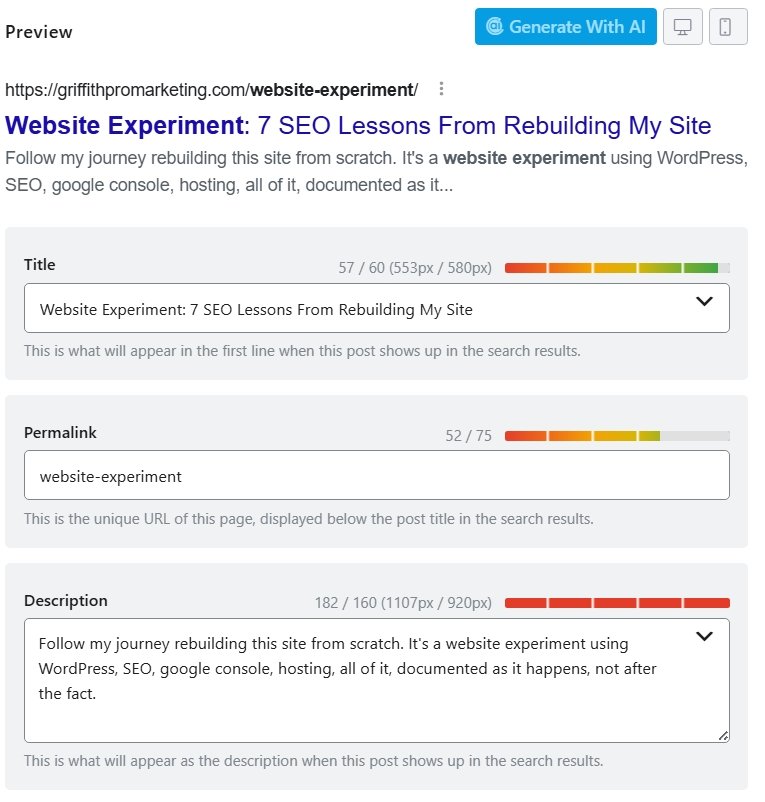 Rank Math SEO preview showing the new SEO title after the change, scoring 69 out of 100