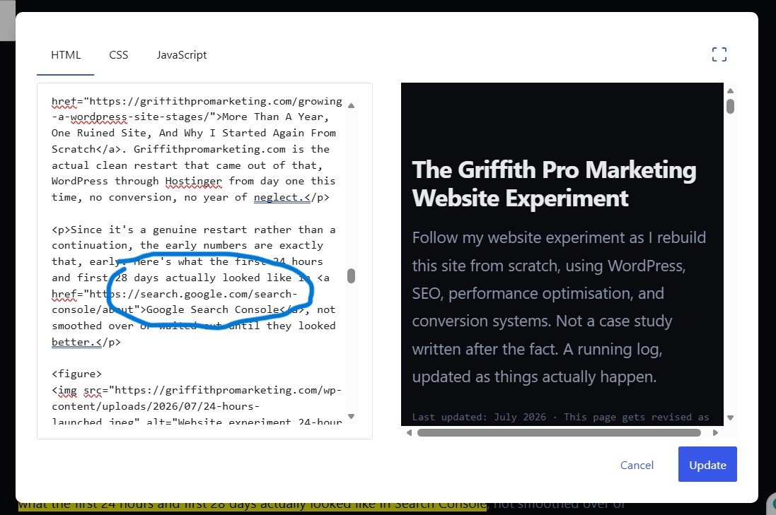 HTML editor showing the Google Search Console outbound link added to the website experiment page