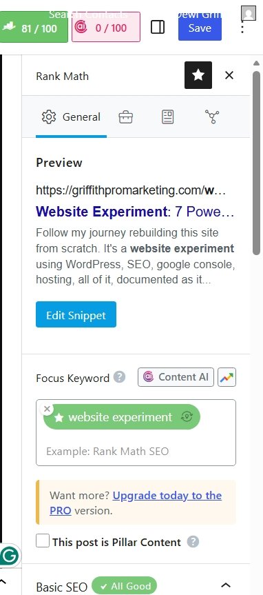 Final Rank Math SEO experiment score of 81 out of 100