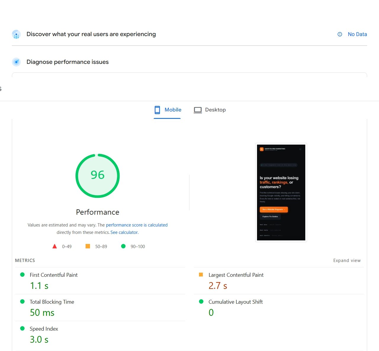 PageSpeed Insights mobile performance score after the domain migration, 96 out of 100