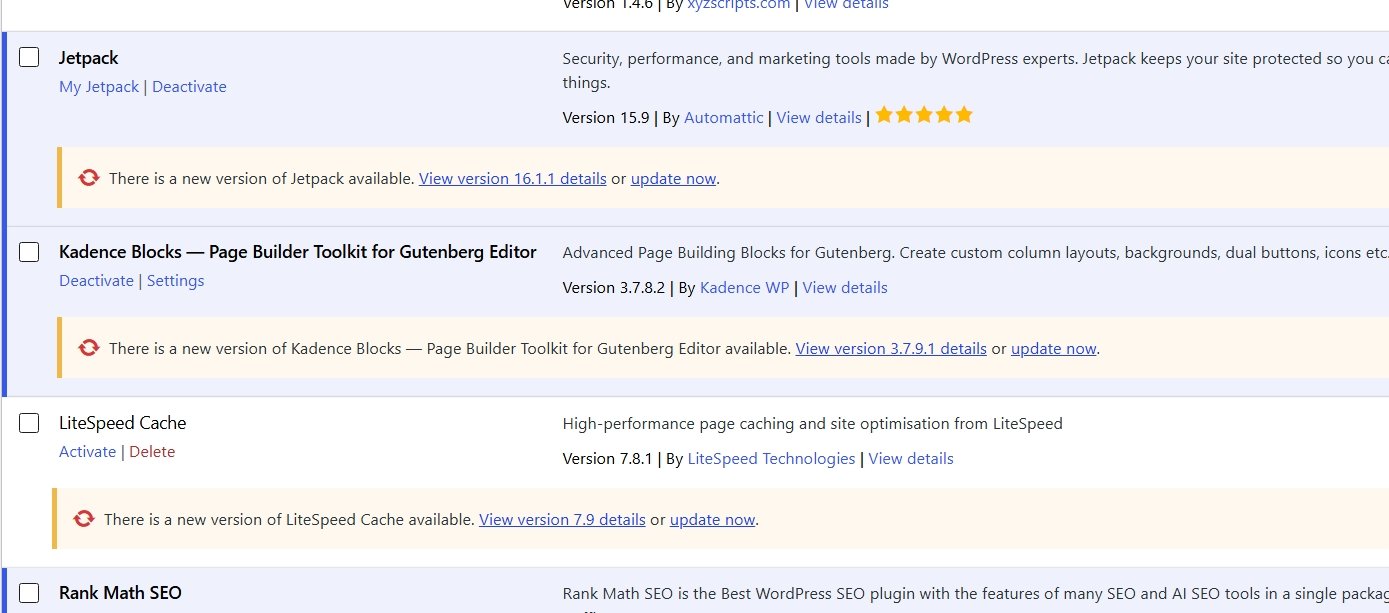 WordPress.com add-ons and plugins installed on this site: Jetpack, Kadence Blocks, LiteSpeed Cache, and Rank Math